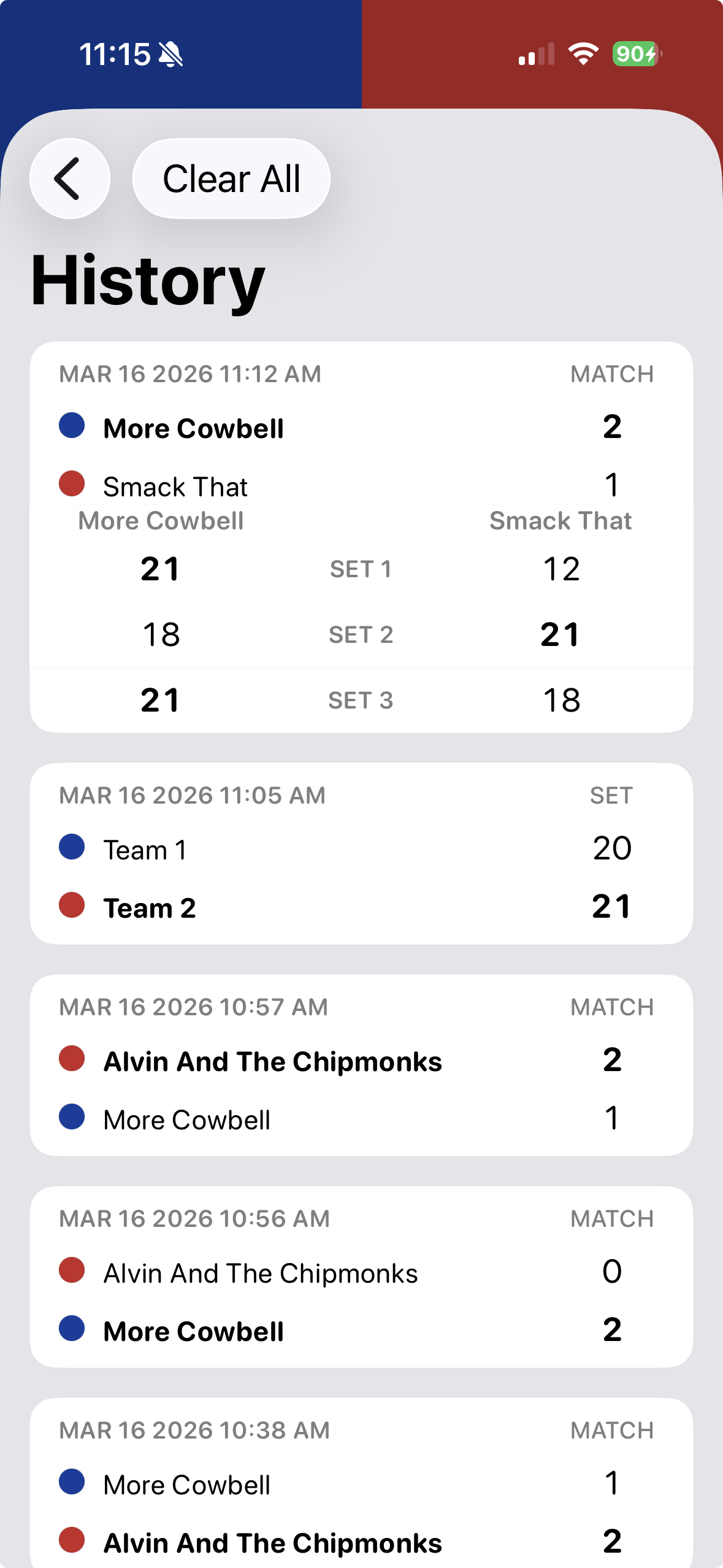 VBScore 1.1.0 iPhone history screen
