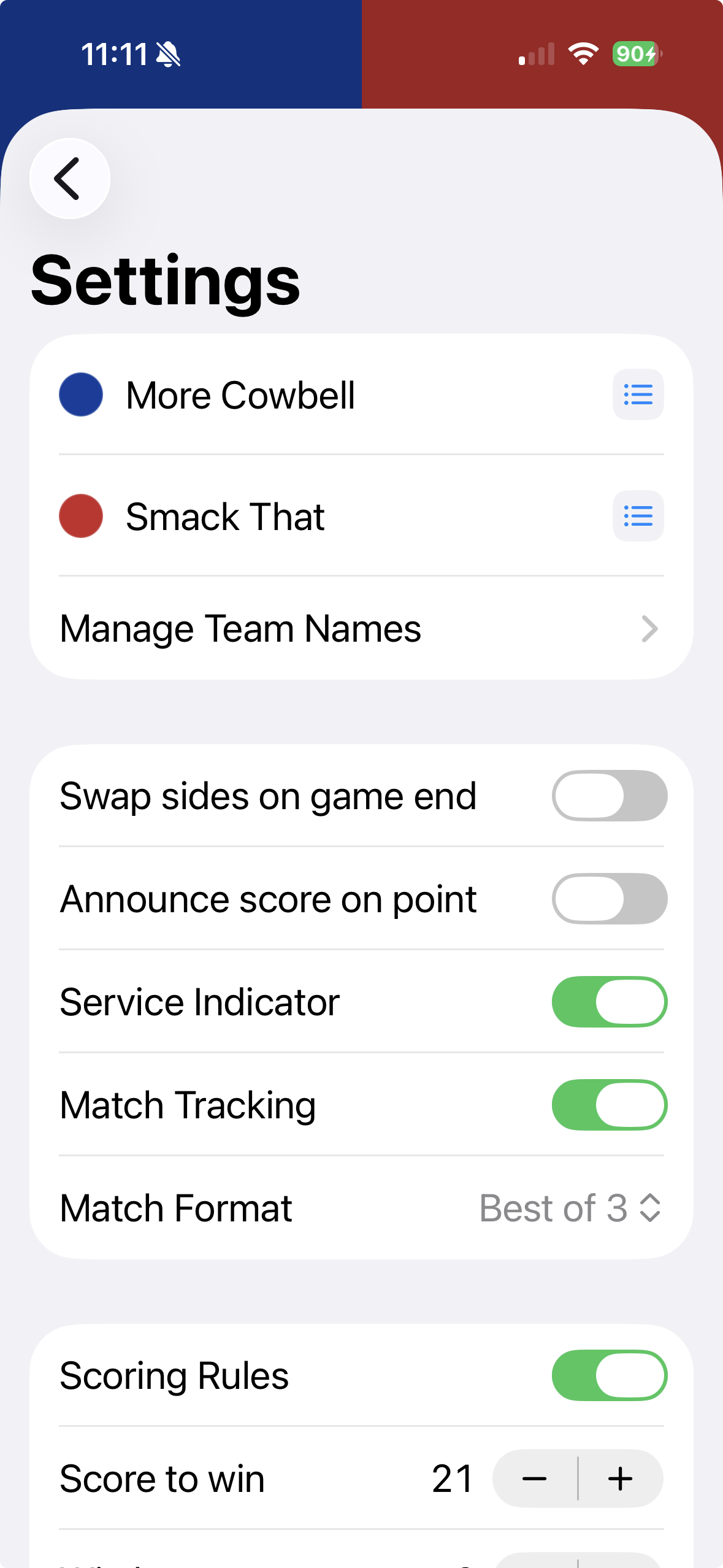 VBScore 1.1.0 iPhone settings and rules screen