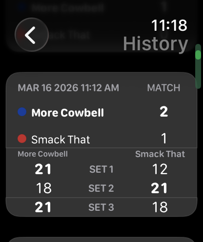 VBScore 1.1.0 Apple Watch history screen